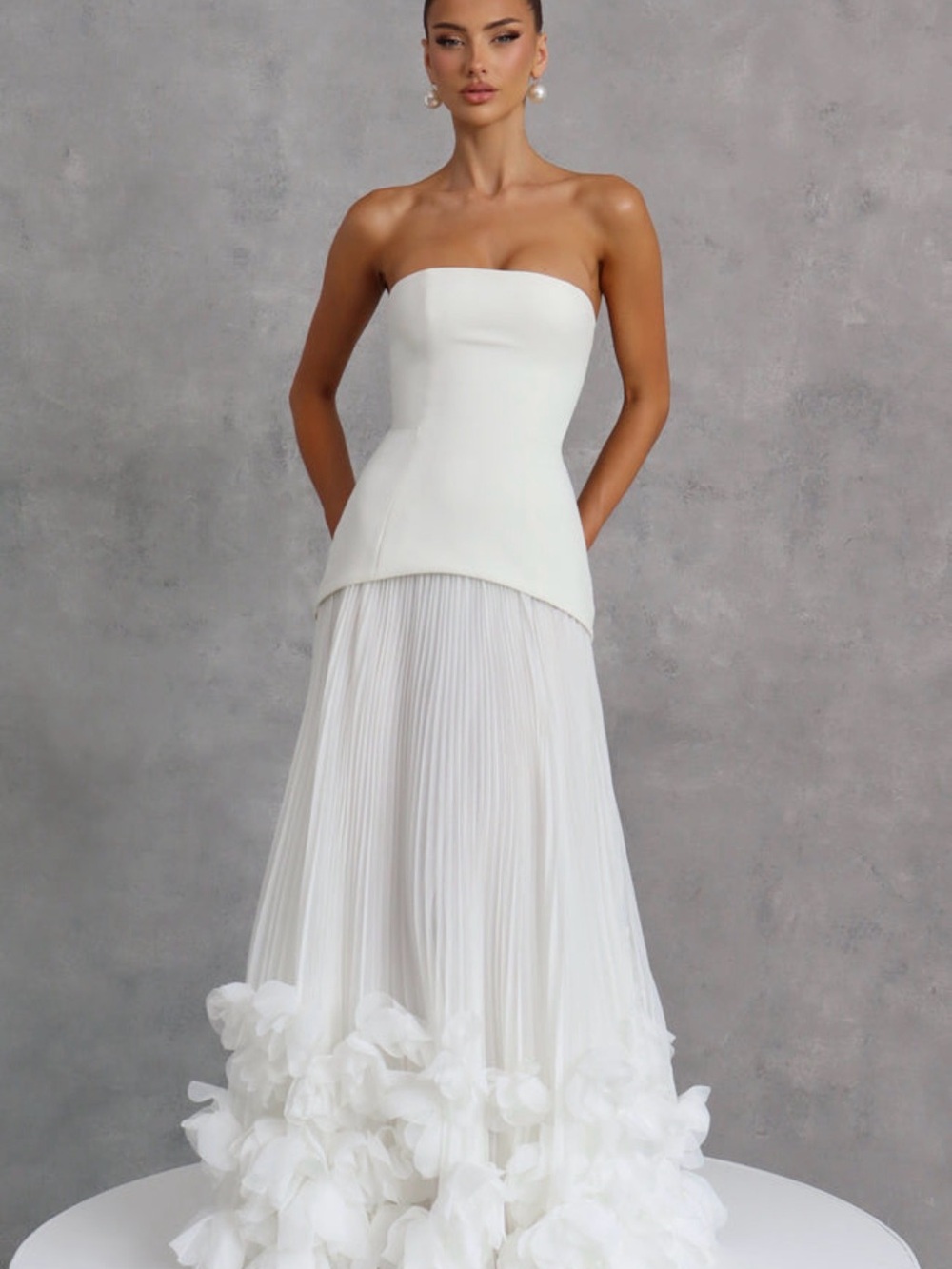 Strapless White Pleated Wedding Gown with Floral Hem